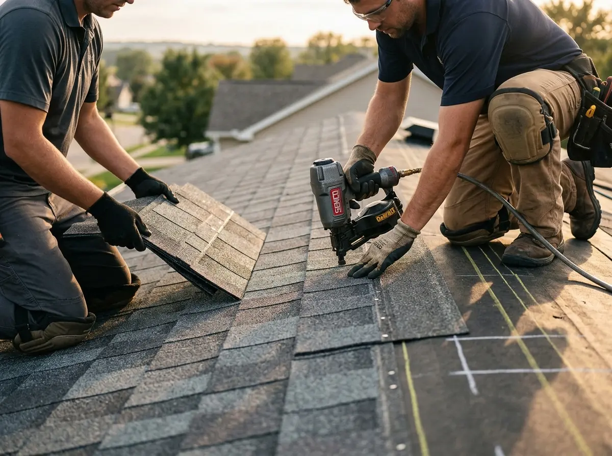 Professional roofer working on a residential roof in Nibley